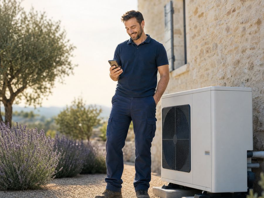 Un installateur consulte une nouvelle demande sur son téléphone, à côté d'une pompe à chaleur
